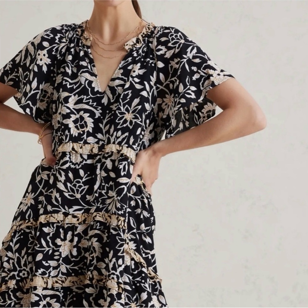 Anthropologie Black Floral Tiered Mini Dress Ruffle Trim